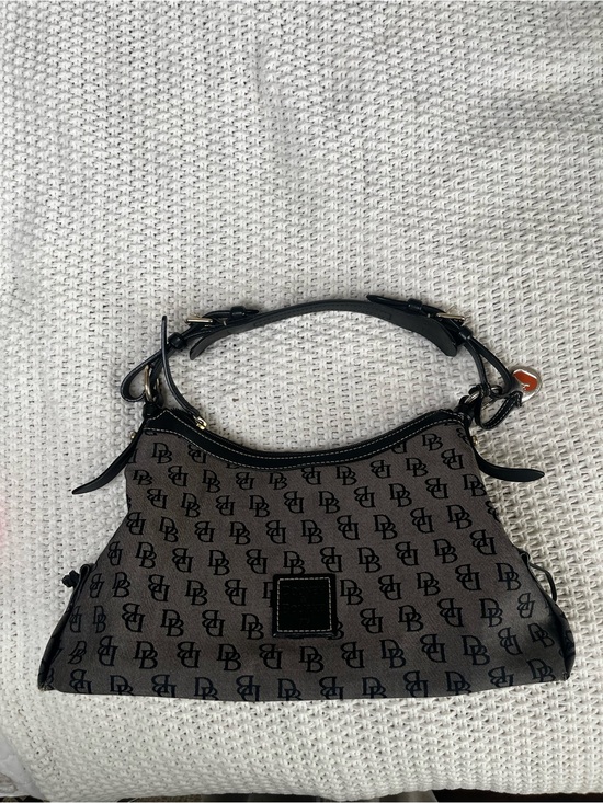 Dooney & Bourke Handbags - Dooney & Bourke Canvas Gray Logo Jacquard Shoulder Hobo Bag Black Leather Trim